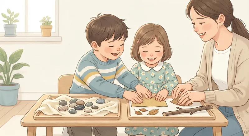 Smooth and Rough learning scene, Smooth and Rough experiment underway, curious kids collaborating, gentle pastel illustration designed for ages 3-4, rounded shapes, caring expressions, text-free illustration with clean unmarked background, balanced composition, soft cinematic lighting, harmonious color palette, inviting and joyful mood