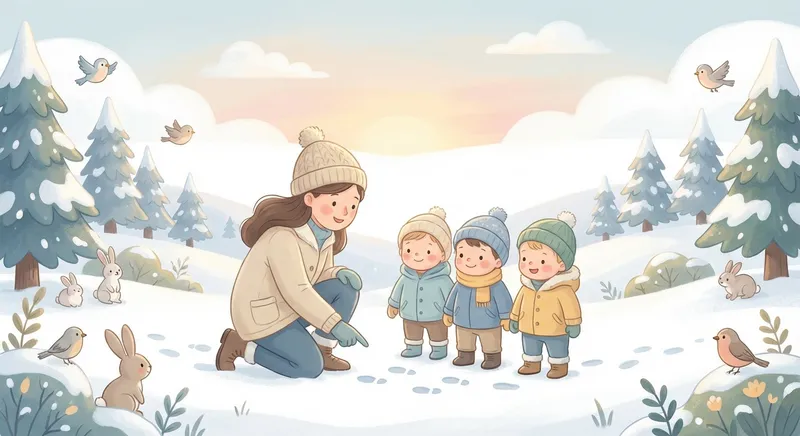 Snow learning scene, Snow scene in vibrant nature, lush and lively surroundings, gentle pastel illustration designed for ages 3-4, rounded shapes, caring expressions, text-free illustration with clean unmarked background, balanced composition, soft cinematic lighting, harmonious color palette, inviting and joyful mood