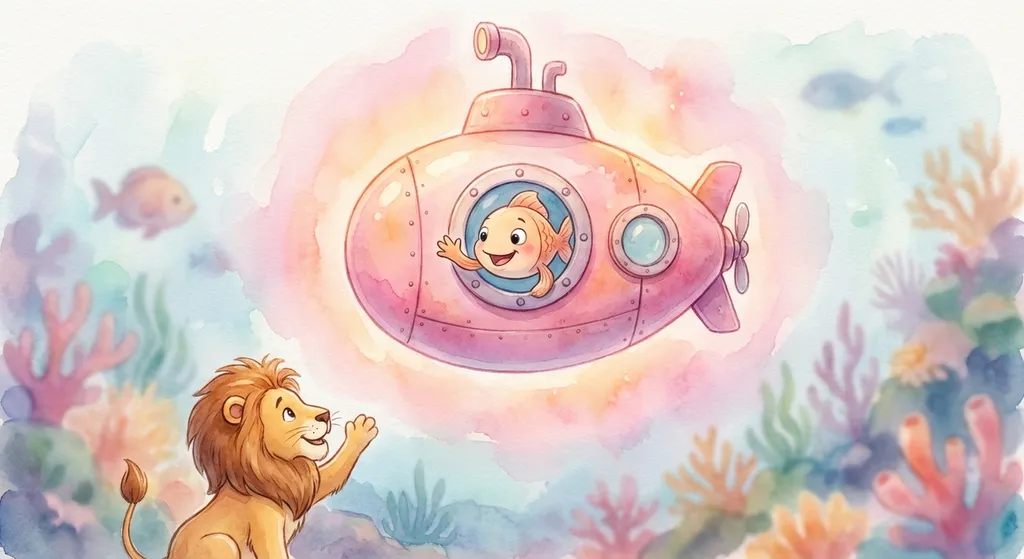 soft watercolor of fish waving at a lion in a glowing pink submarine