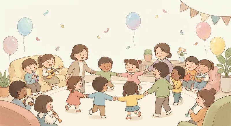 Songs and Dancing at a Celebration learning scene, Songs and Dancing at a Celebration celebration scene, balloons and confetti floating, gentle pastel illustration designed for ages 3-4, rounded shapes, caring expressions, text-free illustration with clean unmarked background, balanced composition, soft cinematic lighting, harmonious color palette, inviting and joyful mood