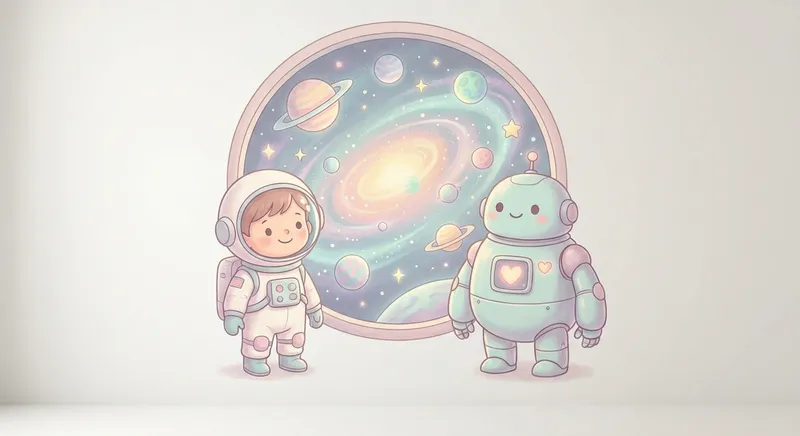Space Adventure learning scene, Space Adventure space adventure, stars and planets inspiring wonder, gentle pastel illustration designed for ages 3-4, rounded shapes, caring expressions, text-free illustration with clean unmarked background, balanced composition, soft cinematic lighting, harmonious color palette, inviting and joyful mood