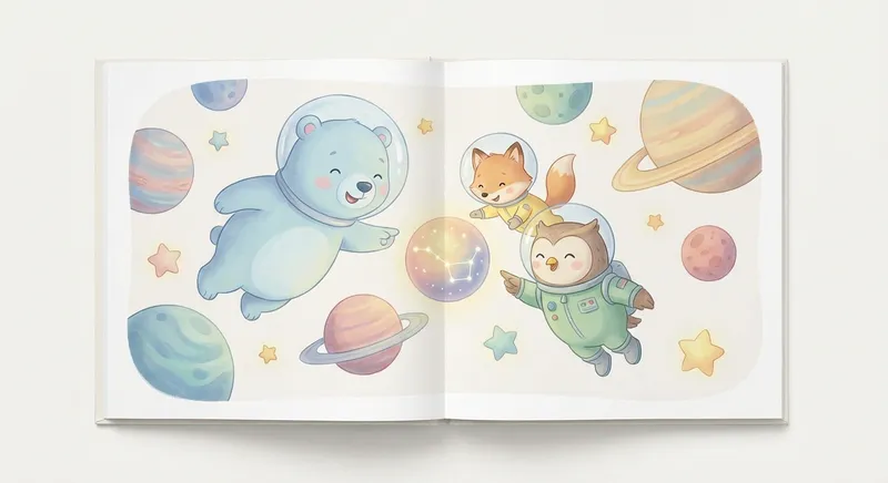 Space Animals learning scene, Space Animals space adventure, stars and planets inspiring wonder, gentle pastel illustration designed for ages 3-4, rounded shapes, caring expressions, text-free illustration with clean unmarked background, balanced composition, soft cinematic lighting, harmonious color palette, inviting and joyful mood