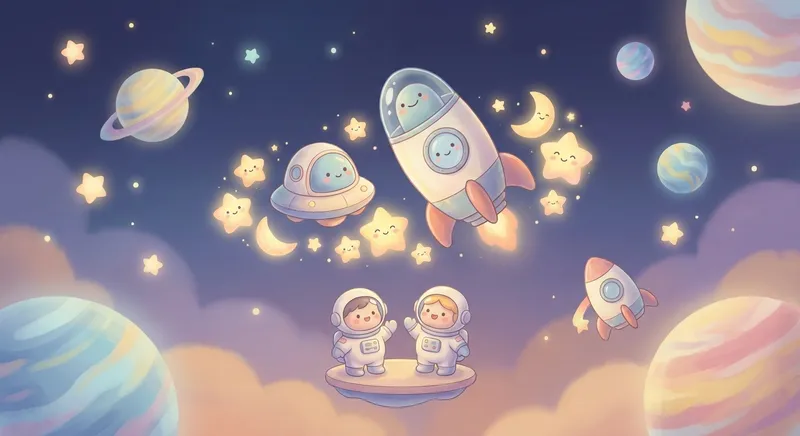 Space Ships Little Rockets That Zoom learning scene, Space Ships Little Rockets That Zoom space adventure, stars and planets inspiring wonder, gentle pastel illustration designed for ages 3-4, rounded shapes, caring expressions, text-free illustration with clean unmarked background, balanced composition, soft cinematic lighting, harmonious color palette, inviting and joyful mood