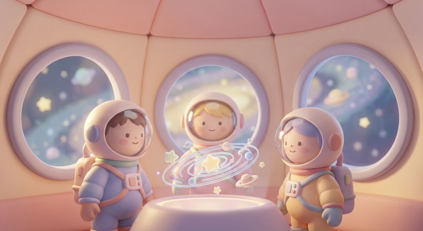 Space Suits learning scene, Space Suits space adventure, stars and planets inspiring wonder, gentle pastel illustration designed for ages 3-4, rounded shapes, caring expressions, text-free illustration with clean unmarked background, balanced composition, soft cinematic lighting, harmonious color palette, inviting and joyful mood