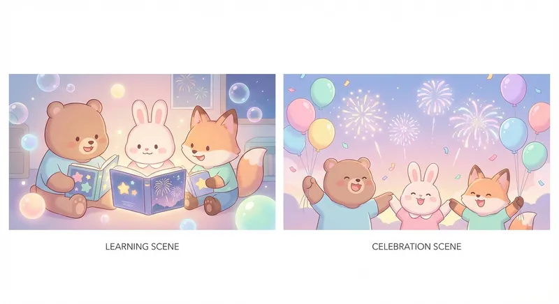 Sparkle Fun Fireworks and Celebration learning scene, Sparkle Fun Fireworks and Celebration celebration scene, balloons and confetti floating, gentle pastel illustration designed for ages 3-4, rounded shapes, caring expressions, text-free illustration with clean unmarked background, balanced composition, soft cinematic lighting, harmonious color palette, inviting and joyful mood