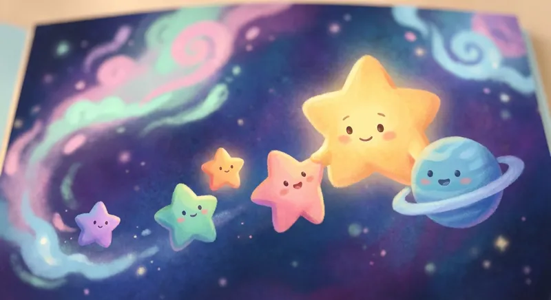 Star Shapes in Space learning scene, Star Shapes in Space space adventure, stars and planets inspiring wonder, gentle pastel illustration designed for ages 3-4, rounded shapes, caring expressions, text-free illustration with clean unmarked background, balanced composition, soft cinematic lighting, harmonious color palette, inviting and joyful mood