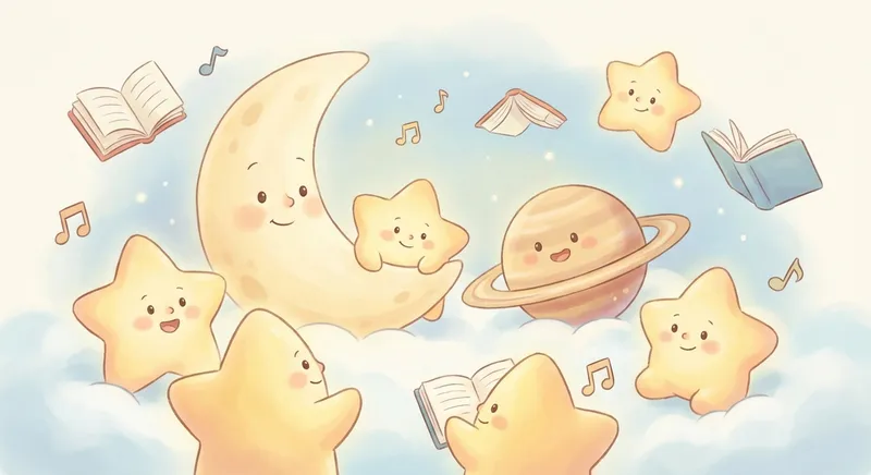 Stars learning scene, Stars space adventure, stars and planets inspiring wonder, gentle pastel illustration designed for ages 3-4, rounded shapes, caring expressions, text-free illustration with clean unmarked background, balanced composition, soft cinematic lighting, harmonious color palette, inviting and joyful mood
