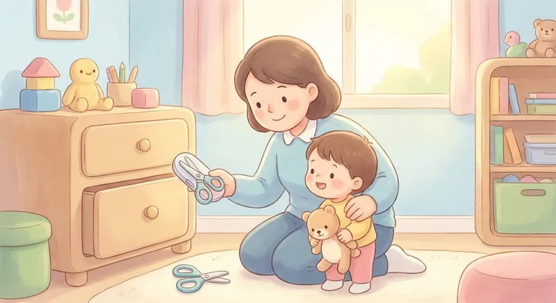 Stay Safe with Sharp Things learning scene, Stay Safe with Sharp Things safety tip demonstrated kindly and clearly, gentle pastel illustration designed for ages 3-4, rounded shapes, caring expressions, text-free illustration with clean unmarked background, balanced composition, soft cinematic lighting, harmonious color palette, inviting and joyful mood