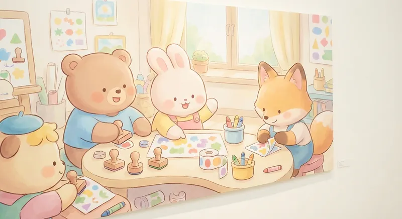 Stickers Stamps Tiny Art Friends learning scene, Stickers Stamps Tiny Art Friends art activity, colorful studio energy and creativity, gentle pastel illustration designed for ages 3-4, rounded shapes, caring expressions, text-free illustration with clean unmarked background, balanced composition, soft cinematic lighting, harmonious color palette, inviting and joyful mood