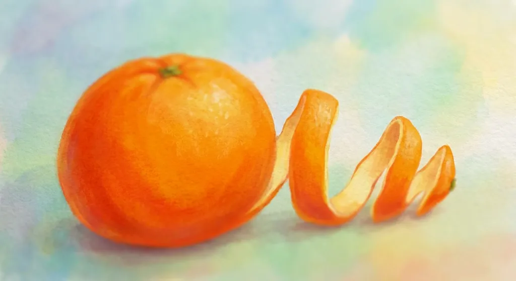 storybook illustration of a bright orange with gentle peel ribbons, pastel background