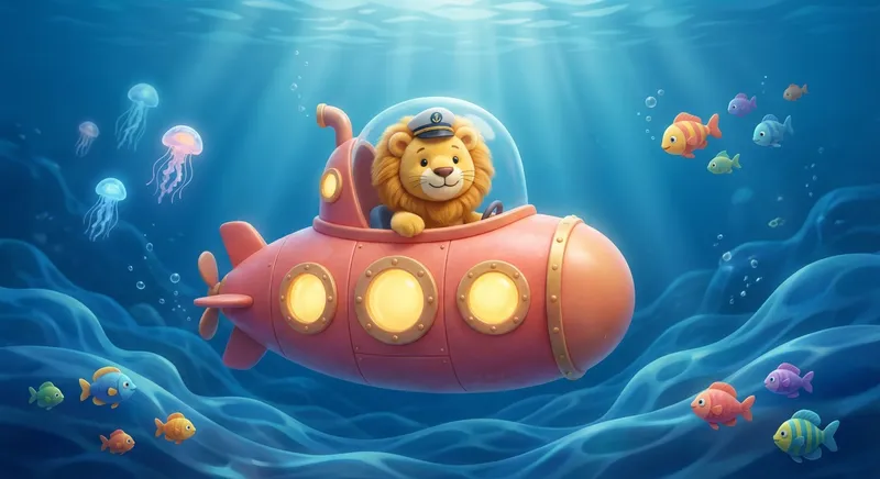 Lion and Subs learning scene, Lion and Subs learning scene filled with curiosity and joy, gentle pastel illustration designed for ages 3-4, rounded shapes, caring expressions, text-free illustration with clean unmarked background, balanced composition, soft cinematic lighting, harmonious color palette, inviting and joyful mood