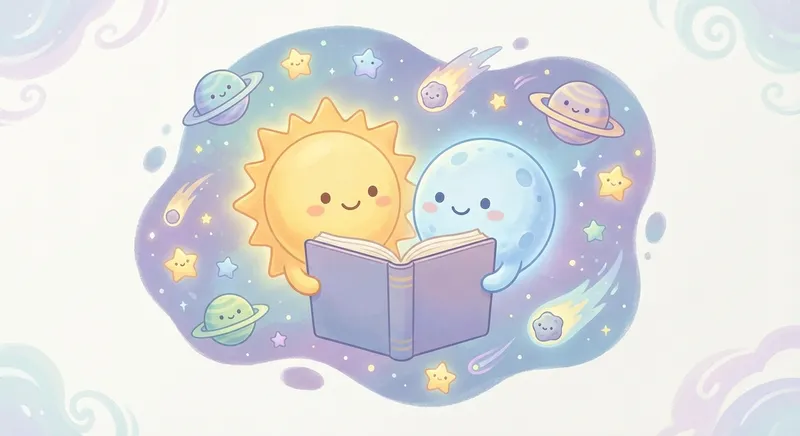 Sun and Moon learning scene, Sun and Moon space adventure, stars and planets inspiring wonder, gentle pastel illustration designed for ages 3-4, rounded shapes, caring expressions, text-free illustration with clean unmarked background, balanced composition, soft cinematic lighting, harmonious color palette, inviting and joyful mood