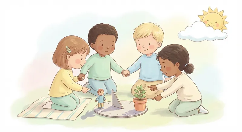 Sun and Shadows learning scene, Sun and Shadows experiment underway, curious kids collaborating, gentle pastel illustration designed for ages 3-4, rounded shapes, caring expressions, text-free illustration with clean unmarked background, balanced composition, soft cinematic lighting, harmonious color palette, inviting and joyful mood