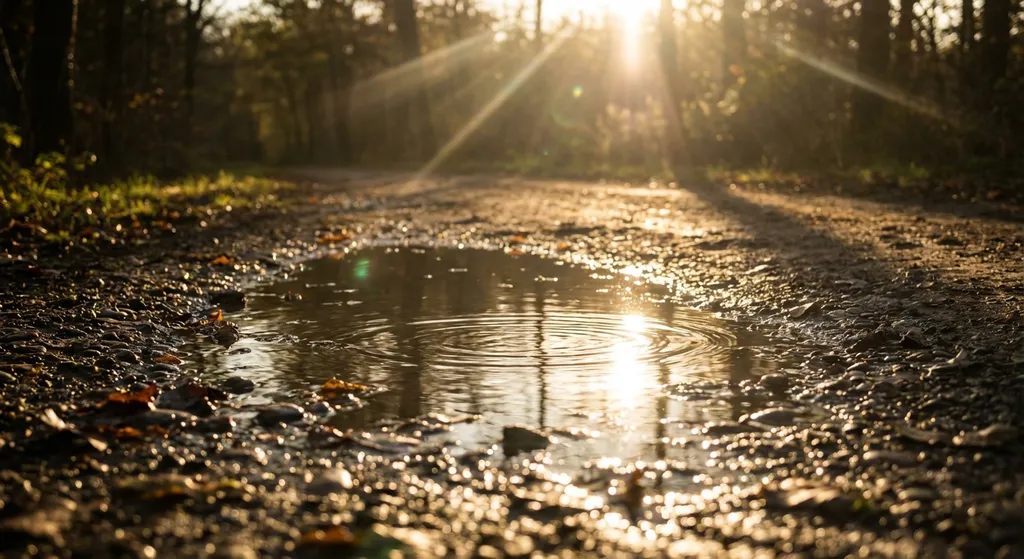 sun shining on a small puddle of water
