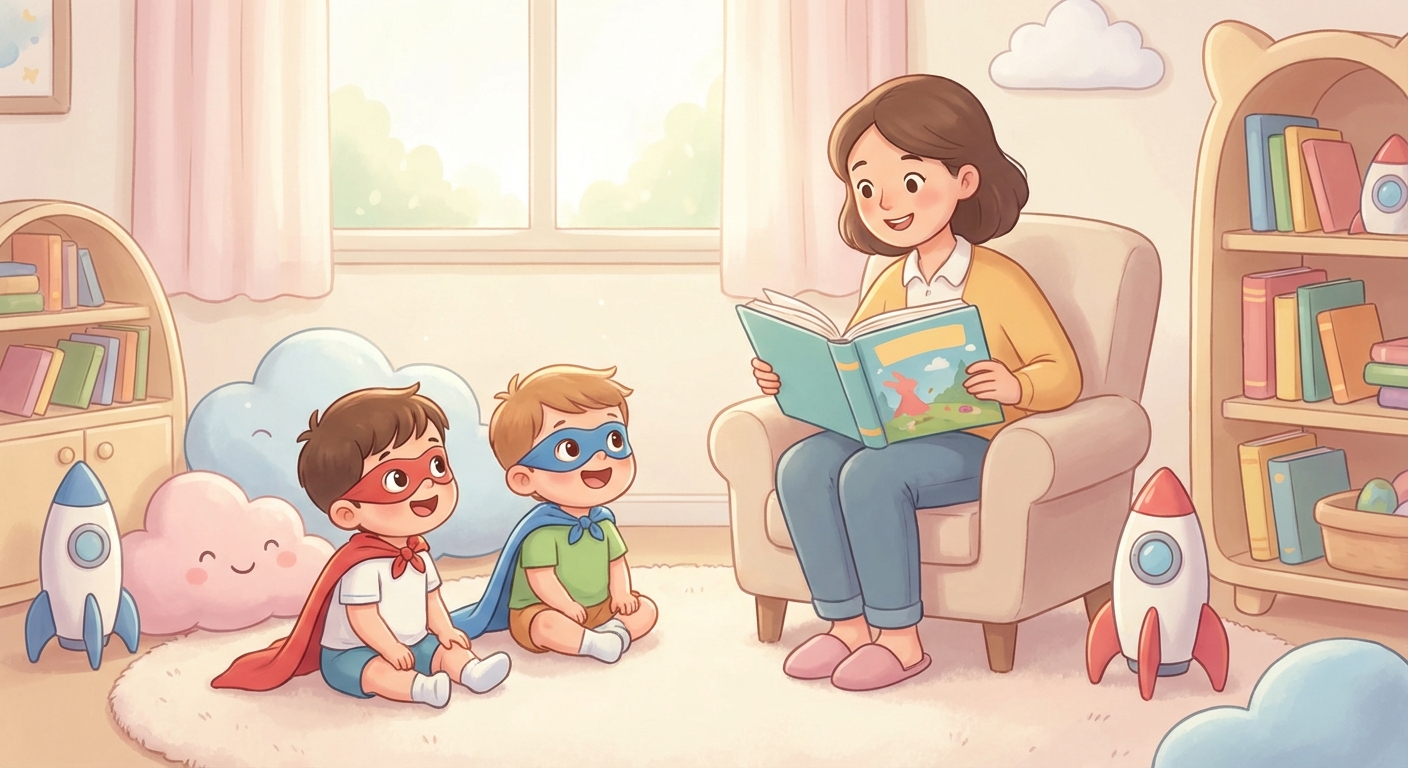 Superhero Stories learning scene, Superhero Stories learning scene filled with curiosity and joy, gentle pastel illustration designed for ages 3-4, rounded shapes, caring expressions, text-free illustration with clean unmarked background, balanced composition, soft cinematic lighting, harmonious color palette, inviting and joyful mood