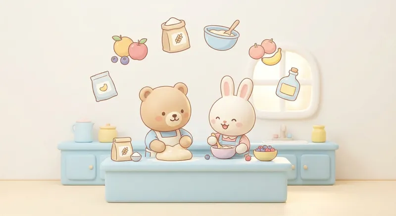 Sweet Treats Fun with Desserts learning scene, Sweet Treats Fun with Desserts kitchen scene, delicious ingredients being prepared, gentle pastel illustration designed for ages 3-4, rounded shapes, caring expressions, text-free illustration with clean unmarked background, balanced composition, soft cinematic lighting, harmonious color palette, inviting and joyful mood