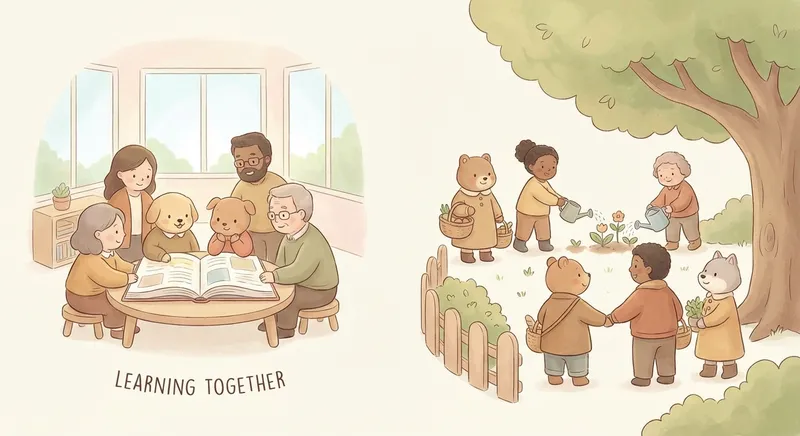 Teachers learning scene, Teachers community scene, neighbors helping each other, gentle pastel illustration designed for ages 3-4, rounded shapes, caring expressions, text-free illustration with clean unmarked background, balanced composition, soft cinematic lighting, harmonious color palette, inviting and joyful mood