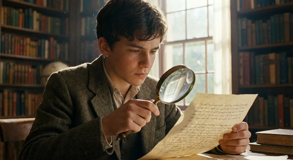 teenager holding a magnifying glass and examining a document
