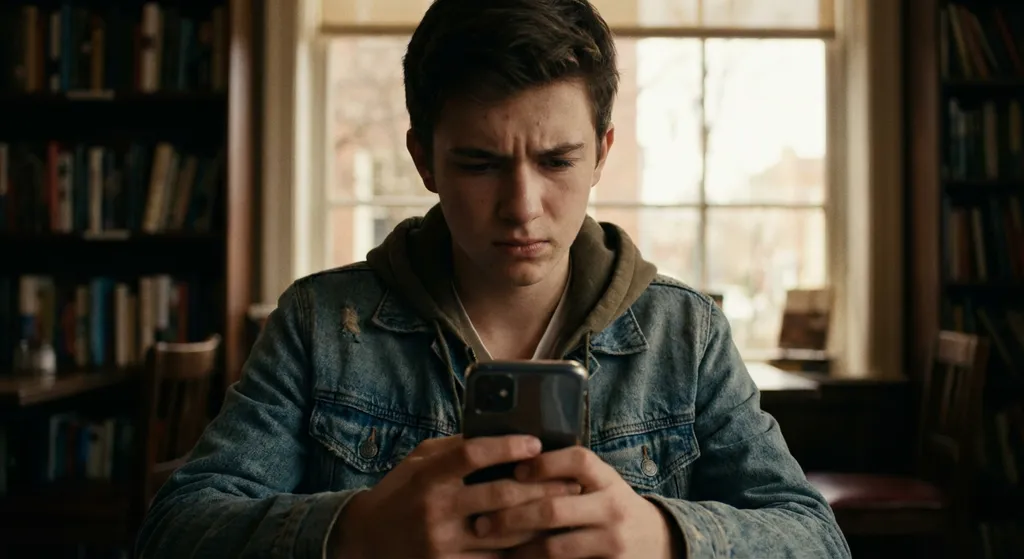 teenager looking skeptically at a phone screen