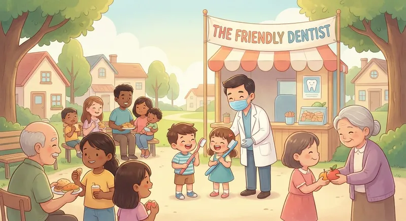 the Friendly Dentist in Our Neighborhood learning scene, the Friendly Dentist in Our Neighborhood community scene, neighbors helping each other, gentle pastel illustration designed for ages 3-4, rounded shapes, caring expressions, text-free illustration with clean unmarked background, balanced composition, soft cinematic lighting, harmonious color palette, inviting and joyful mood