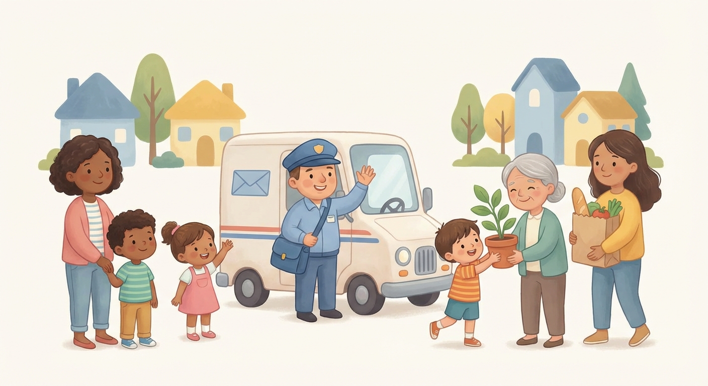 the Friendly Mail Carrier learning scene, the Friendly Mail Carrier community scene, neighbors helping each other, gentle pastel illustration designed for ages 3-4, rounded shapes, caring expressions, text-free illustration with clean unmarked background, balanced composition, soft cinematic lighting, harmonious color palette, inviting and joyful mood