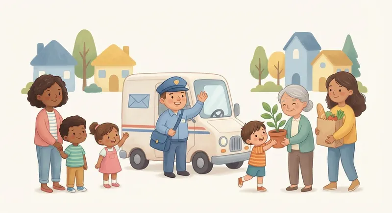 the Friendly Mail Carrier learning scene, the Friendly Mail Carrier community scene, neighbors helping each other, gentle pastel illustration designed for ages 3-4, rounded shapes, caring expressions, text-free illustration with clean unmarked background, balanced composition, soft cinematic lighting, harmonious color palette, inviting and joyful mood