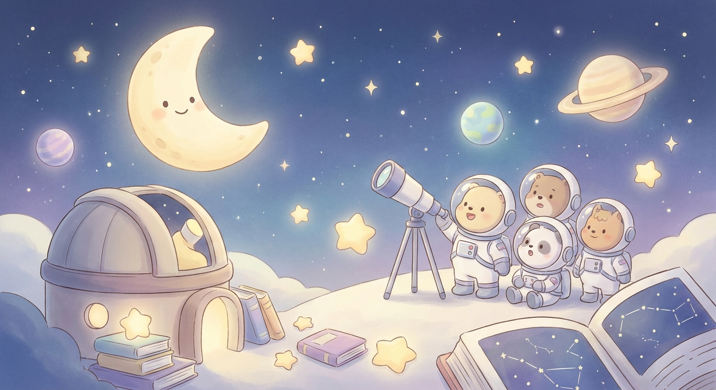 the Moon at Night learning scene, the Moon at Night space adventure, stars and planets inspiring wonder, gentle pastel illustration designed for ages 3-4, rounded shapes, caring expressions, text-free illustration with clean unmarked background, balanced composition, soft cinematic lighting, harmonious color palette, inviting and joyful mood