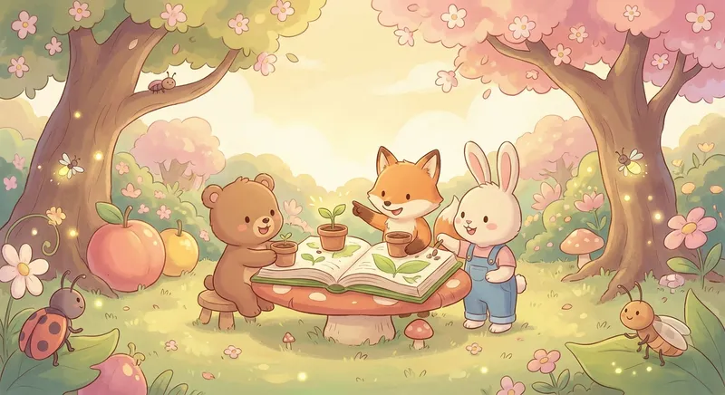 Tiny Seeds Big Adventures learning scene, Tiny Seeds Big Adventures scene in vibrant nature, lush and lively surroundings, gentle pastel illustration designed for ages 3-4, rounded shapes, caring expressions, text-free illustration with clean unmarked background, balanced composition, soft cinematic lighting, harmonious color palette, inviting and joyful mood