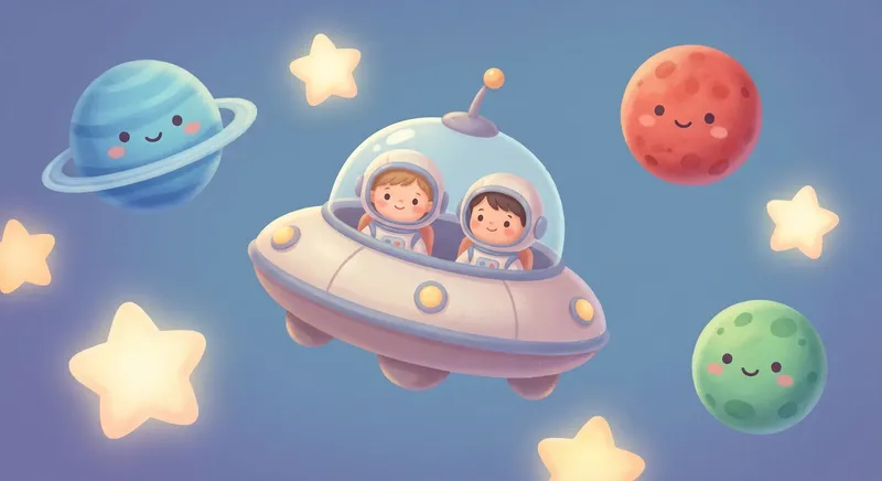 Tiny Trip to the Planets learning scene, Tiny Trip to the Planets space adventure, stars and planets inspiring wonder, gentle pastel illustration designed for ages 3-4, rounded shapes, caring expressions, text-free illustration with clean unmarked background, balanced composition, soft cinematic lighting, harmonious color palette, inviting and joyful mood