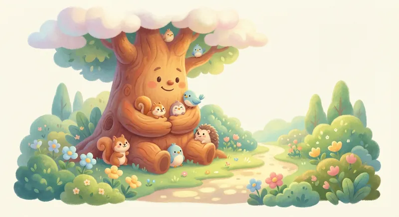 Tree and Its Cozy Bark learning scene, Tree and Its Cozy Bark scene in vibrant nature, lush and lively surroundings, gentle pastel illustration designed for ages 3-4, rounded shapes, caring expressions, text-free illustration with clean unmarked background, balanced composition, soft cinematic lighting, harmonious color palette, inviting and joyful mood