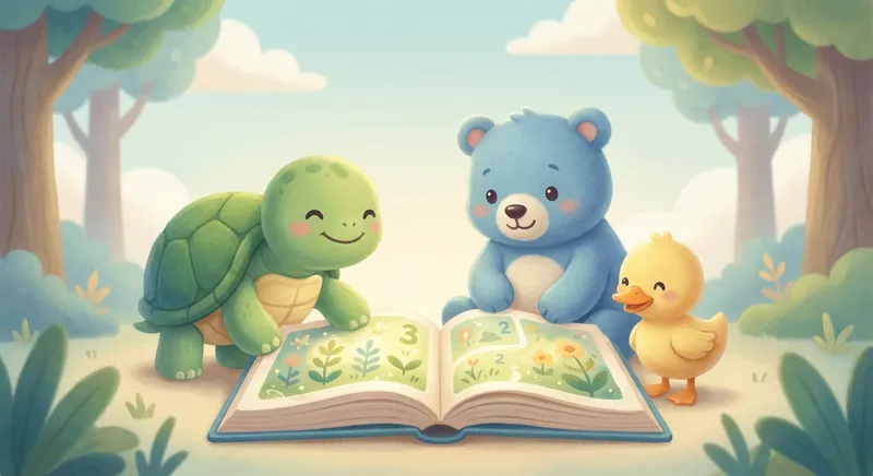 Turtle Tales learning scene, Turtle Tales animals discovering together, joyful storybook moment, gentle pastel illustration designed for ages 3-4, rounded shapes, caring expressions, text-free illustration with clean unmarked background, balanced composition, soft cinematic lighting, harmonious color palette, inviting and joyful mood
