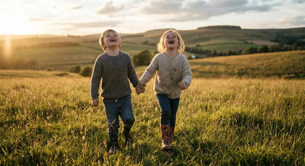 two children holding hands and laughing