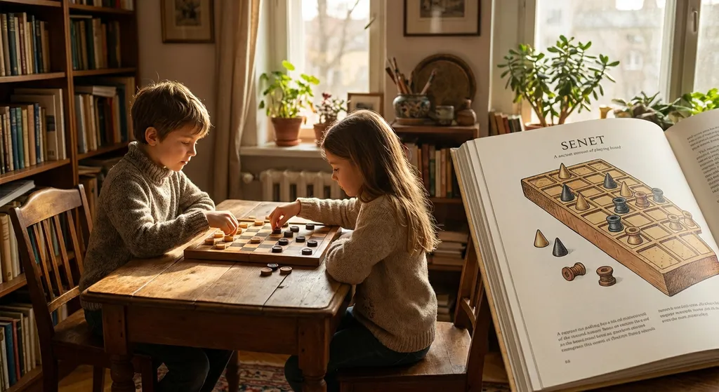 Two children playing checkers, side by side with an illustration of a Senet board and playing pieces.