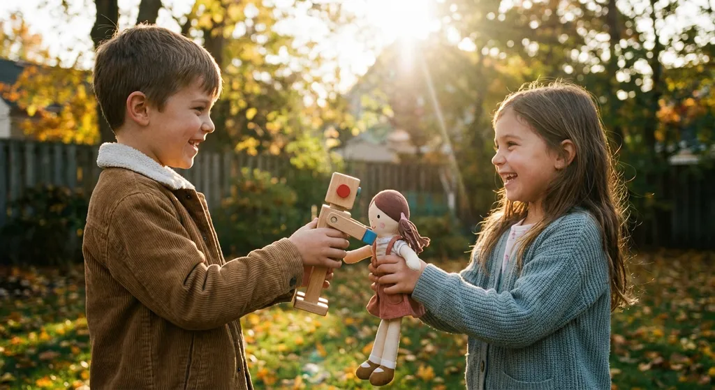 two children swapping toys happily