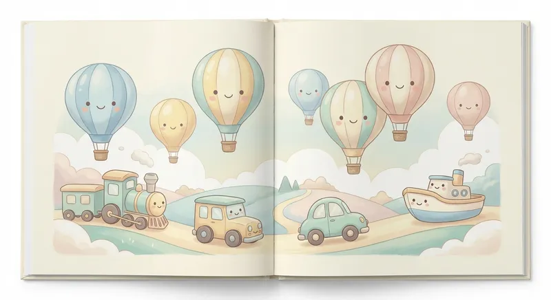 Up Up Hot Air Balloon learning scene, Up Up Hot Air Balloon journey, cheerful vehicles moving smoothly, gentle pastel illustration designed for ages 3-4, rounded shapes, caring expressions, text-free illustration with clean unmarked background, balanced composition, soft cinematic lighting, harmonious color palette, inviting and joyful mood