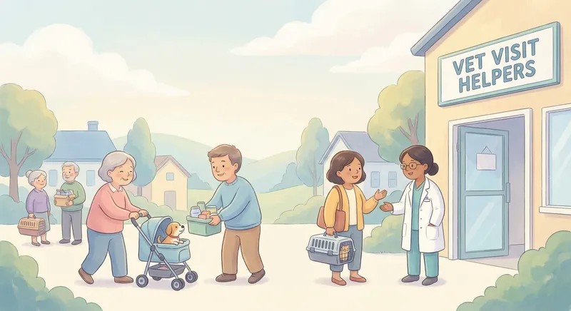 Vet Visits Helpers for Happy Pets learning scene, Vet Visits Helpers for Happy Pets community scene, neighbors helping each other, gentle pastel illustration designed for ages 3-4, rounded shapes, caring expressions, text-free illustration with clean unmarked background, balanced composition, soft cinematic lighting, harmonious color palette, inviting and joyful mood