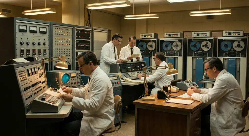 vintage computer lab with scientists working on large machines