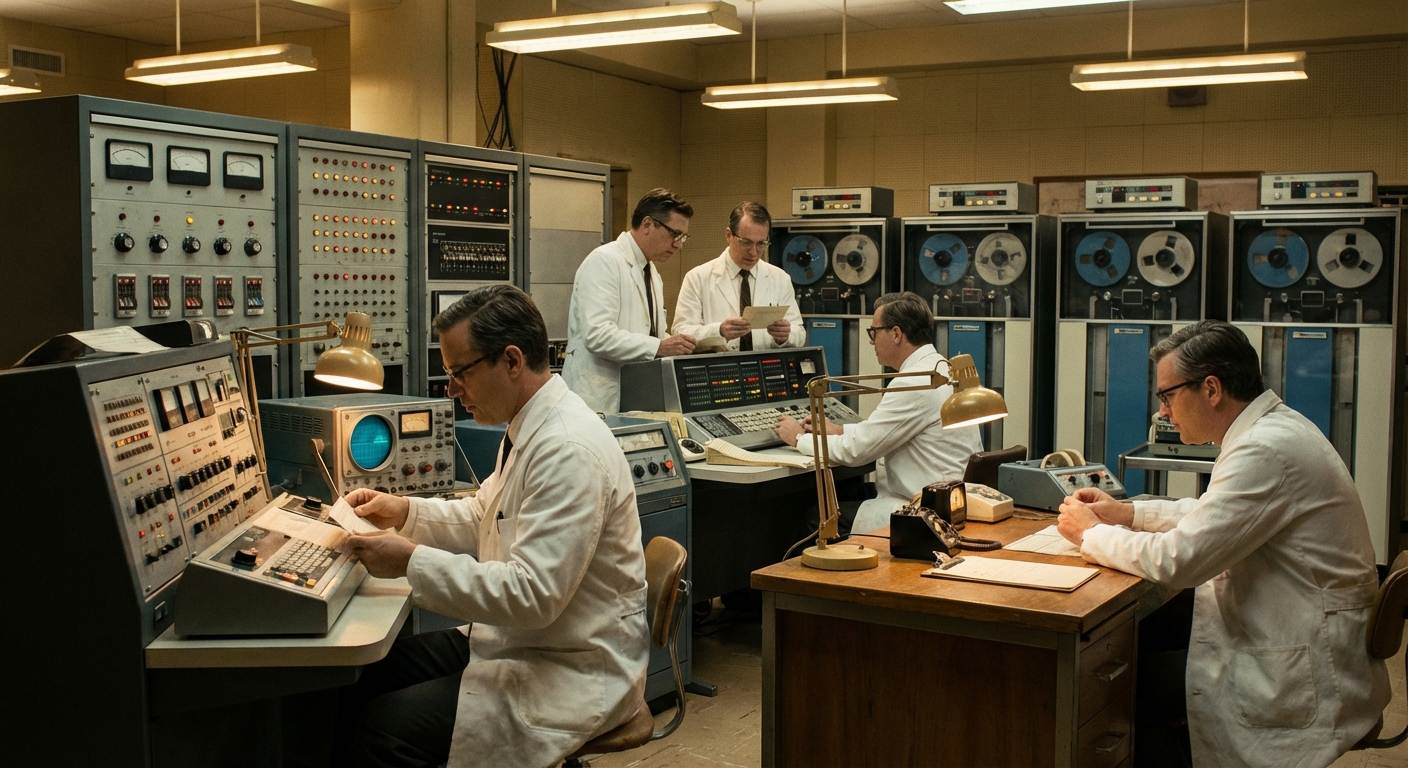 vintage computer lab with scientists working on large machines