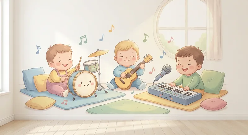 Voice Games Fun learning scene, Voice Games Fun music jam session, cheerful instruments and rhythm, gentle pastel illustration designed for ages 3-4, rounded shapes, caring expressions, text-free illustration with clean unmarked background, balanced composition, soft cinematic lighting, harmonious color palette, inviting and joyful mood
