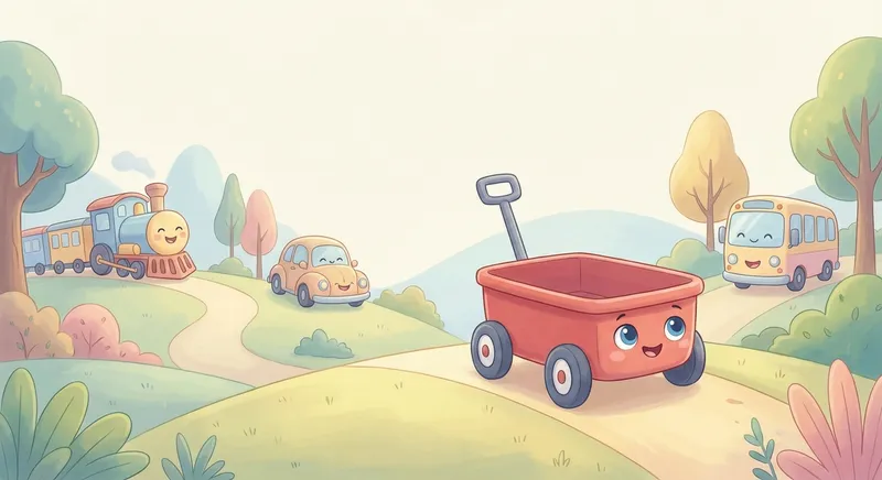 Waggie the Wagon learning scene, Waggie the Wagon journey, cheerful vehicles moving smoothly, gentle pastel illustration designed for ages 3-4, rounded shapes, caring expressions, text-free illustration with clean unmarked background, balanced composition, soft cinematic lighting, harmonious color palette, inviting and joyful mood