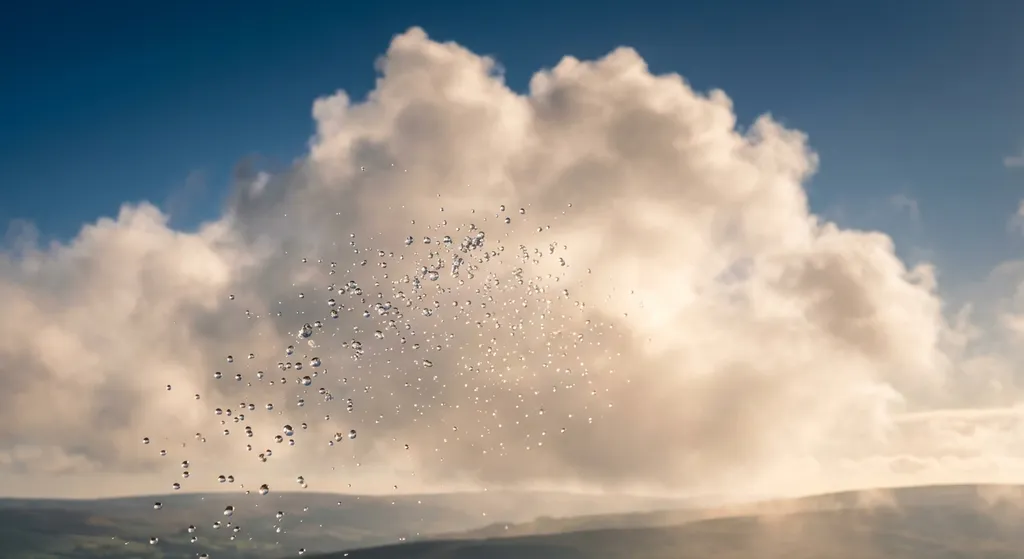 water droplets forming a fluffy white cloud in the sky