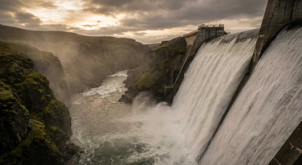 Water flowing down a dam into a river