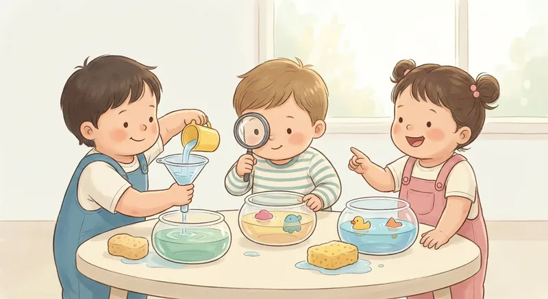 Water Fun learning scene, Water Fun experiment underway, curious kids collaborating, gentle pastel illustration designed for ages 3-4, rounded shapes, caring expressions, text-free illustration with clean unmarked background, balanced composition, soft cinematic lighting, harmonious color palette, inviting and joyful mood