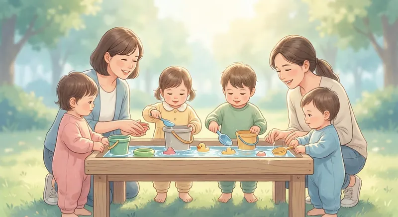 Water Play Outside learning scene, Water Play Outside learning scene filled with curiosity and joy, gentle pastel illustration designed for ages 3-4, rounded shapes, caring expressions, text-free illustration with clean unmarked background, balanced composition, soft cinematic lighting, harmonious color palette, inviting and joyful mood