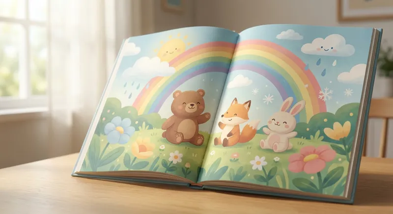 Weather learning scene, Weather scene in vibrant nature, lush and lively surroundings, gentle pastel illustration designed for ages 3-4, rounded shapes, caring expressions, text-free illustration with clean unmarked background, balanced composition, soft cinematic lighting, harmonious color palette, inviting and joyful mood