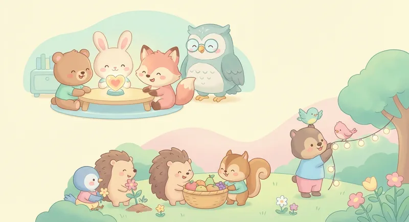 What Makes Something Special learning scene, What Makes Something Special community scene, neighbors helping each other, gentle pastel illustration designed for ages 3-4, rounded shapes, caring expressions, text-free illustration with clean unmarked background, balanced composition, soft cinematic lighting, harmonious color palette, inviting and joyful mood