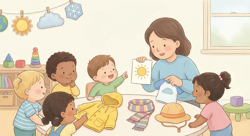 What to Wear When the Weather Changes learning scene, What to Wear When the Weather Changes learning scene filled with curiosity and joy, gentle pastel illustration designed for ages 3-4, rounded shapes, caring expressions, text-free illustration with clean unmarked background, balanced composition, soft cinematic lighting, harmonious color palette, inviting and joyful mood