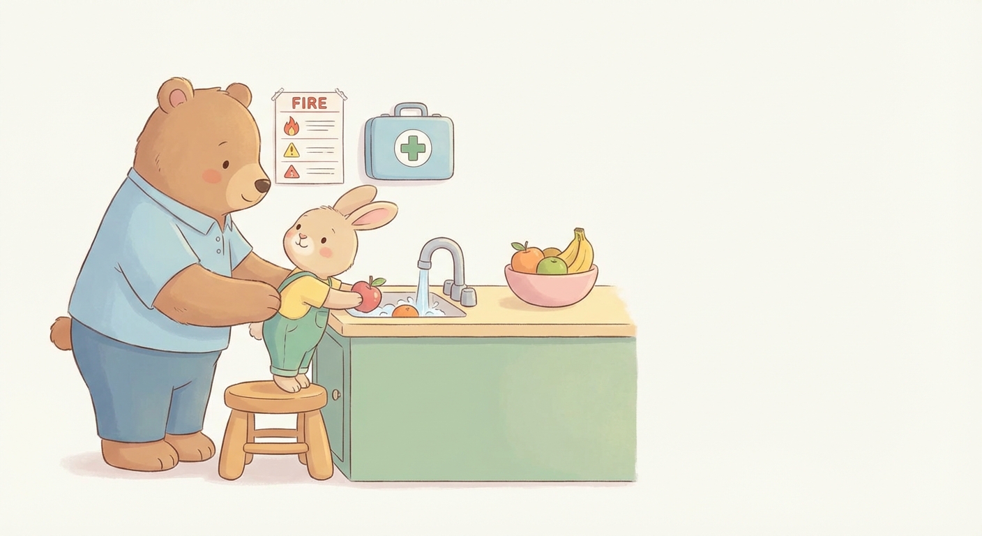 Where Is Safe learning scene, Where Is Safe safety tip demonstrated kindly and clearly, gentle pastel illustration designed for ages 3-4, rounded shapes, caring expressions, text-free illustration with clean unmarked background, balanced composition, soft cinematic lighting, harmonious color palette, inviting and joyful mood
