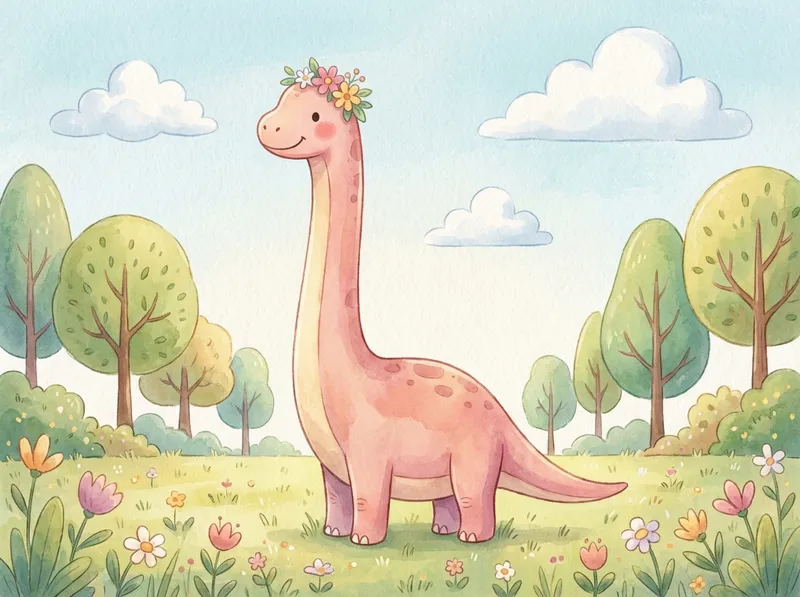 Tall Dino with Long Neck learning scene, Tall Dino with Long Neck learning scene filled with curiosity and joy, gentle pastel illustration designed for ages 3-4, rounded shapes, caring expressions, text-free illustration with clean unmarked background, balanced composition, soft cinematic lighting, harmonious color palette, inviting and joyful mood