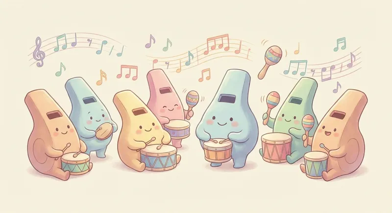 Whistles learning scene, Whistles music jam session, cheerful instruments and rhythm, gentle pastel illustration designed for ages 3-4, rounded shapes, caring expressions, text-free illustration with clean unmarked background, balanced composition, soft cinematic lighting, harmonious color palette, inviting and joyful mood